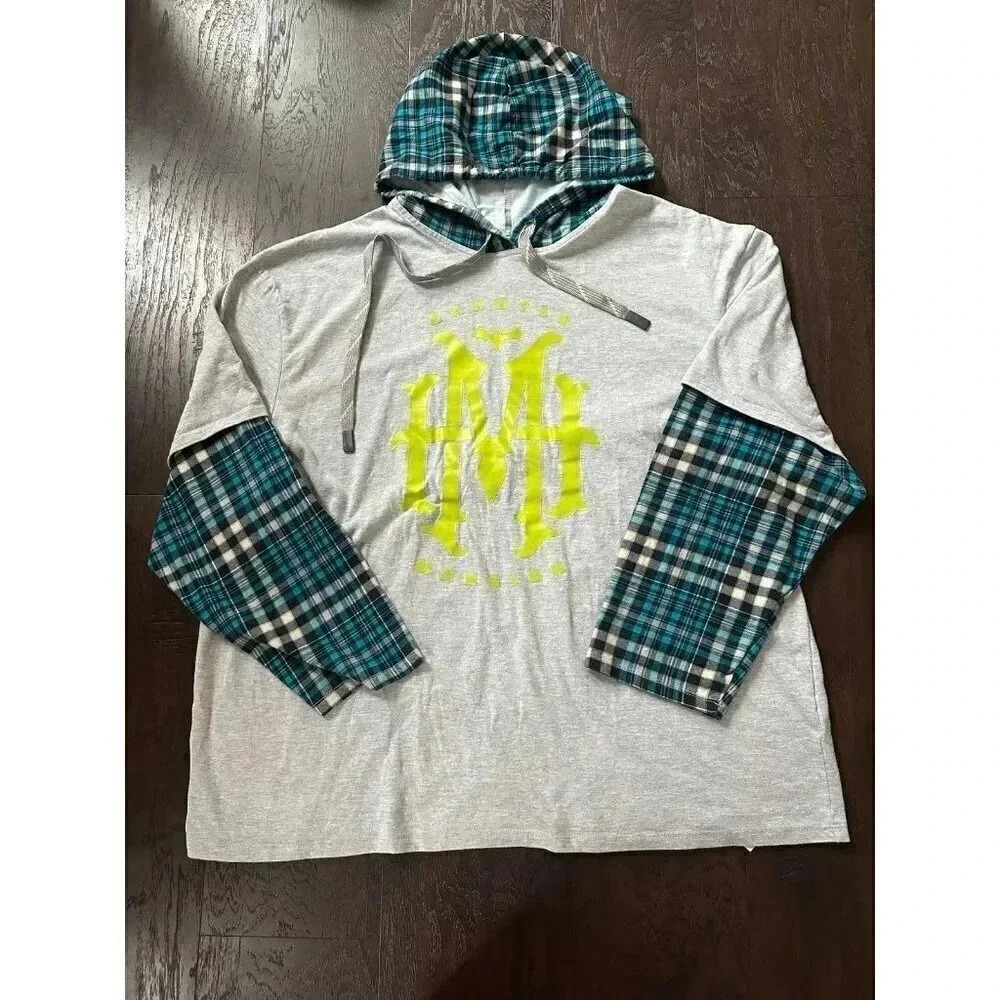 Disney Parks Haunted Mansion Layered Look Flannel Plaid Sleeve‎ Hoodie  xxl b42